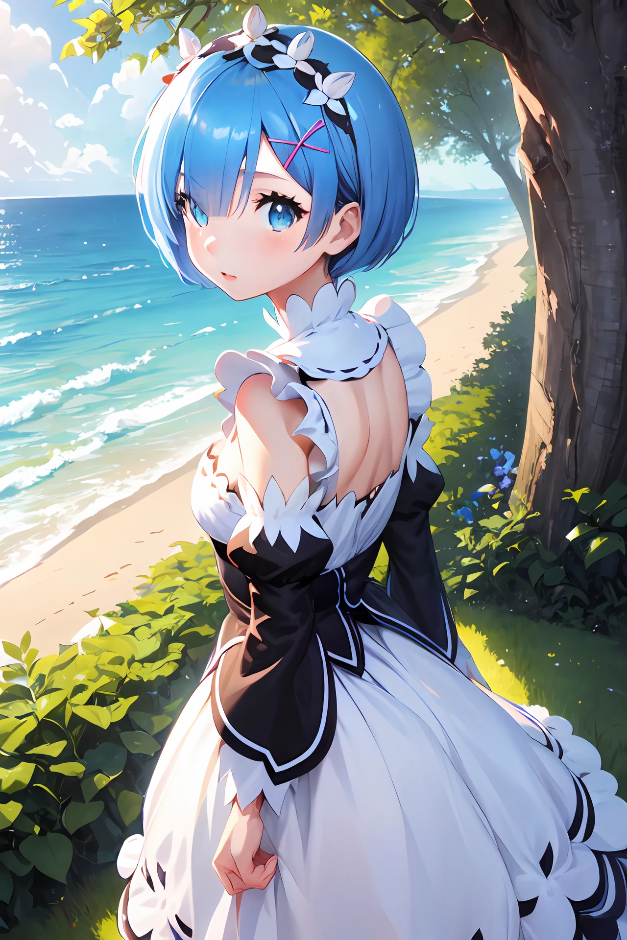 <lora:rem-t1-000006:0.8>, (masterpiece:1.6, best quality), (finely detailed beautiful eyes: 1.2), ph_rem, remhd, 1girl, blue hair, solo, blue eyes, x hair ornament,roswaal mansion maid uniform, maid, ocean,  bay, sunlight, trees, wave,
, <lora:gachaSplashLORA_gachaSplashFarShot:0.5>