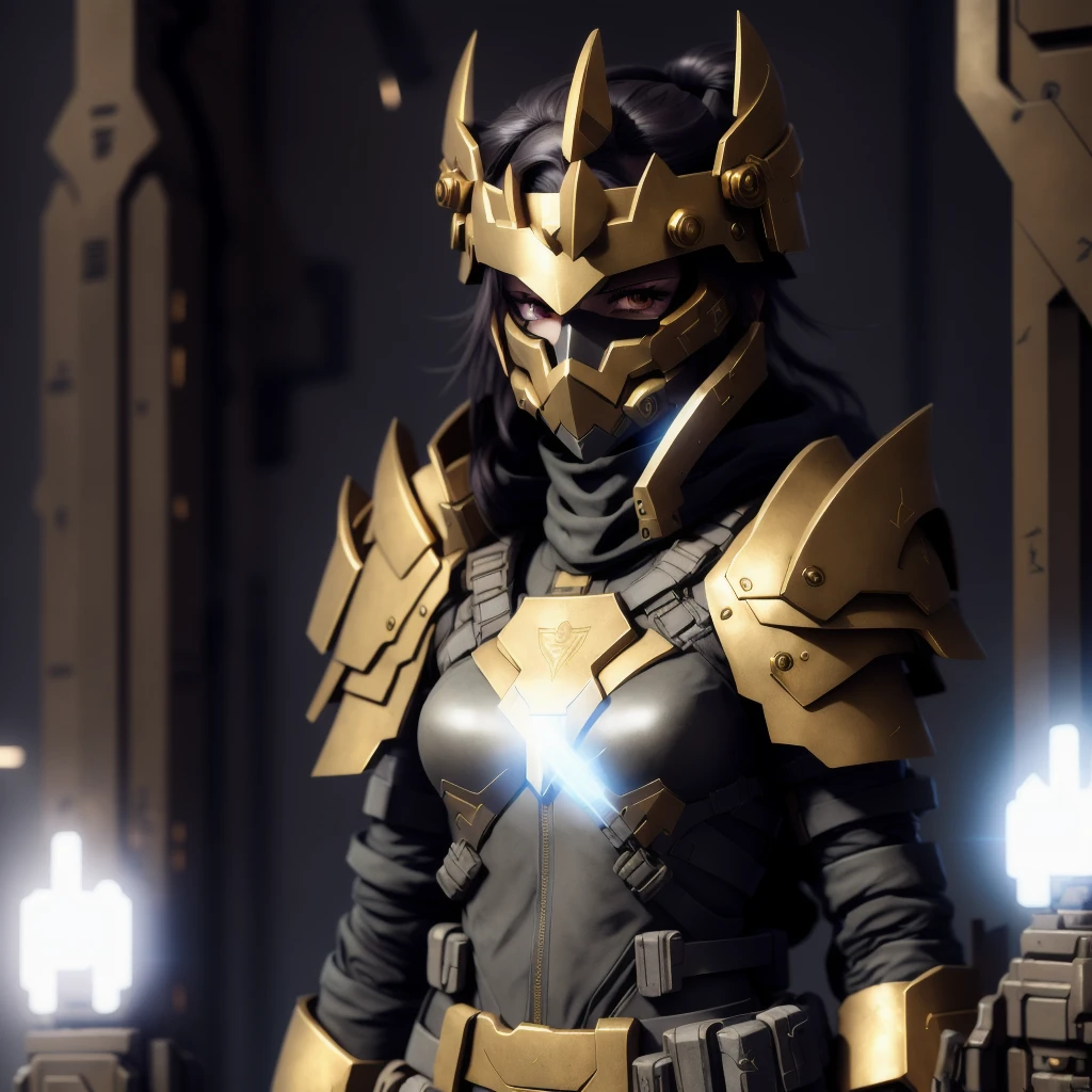 photo, milsimWaifu style a drawing of a female soldier holding a machine gun, Supreme God Knight, wearing fine suit with armor and gold edged helmet, One Eye Glows behind the mask <lora:djzJohnsonDesuV15-Zenkai-256:1>