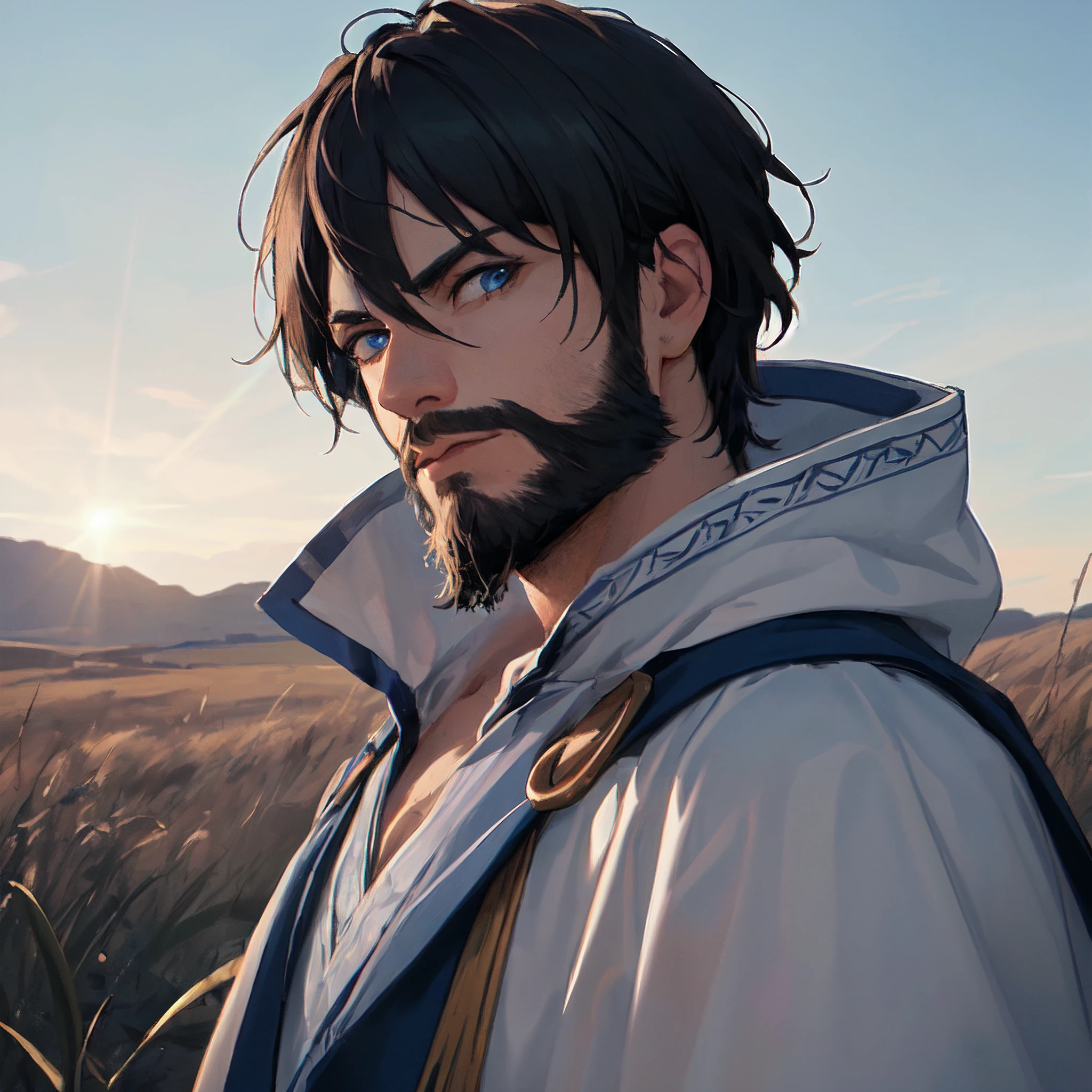 (masterpiece, best quality, ultra-detailed, best shadow), (detailed background, cowboy shot, grass, on grass, outdoors, hill, day, Uppsala, speaking, ((aura)), runes, looking at viewer ), (handsome detailed face, masculine features, strong jawline), (best illumination), ((cinematic light)), colorful, hyper detail, dramatic light, intricate details, (1boy, man named Haldor, black hair, short hair, bright blue eyes, norse, beard, blue and white robe, god)