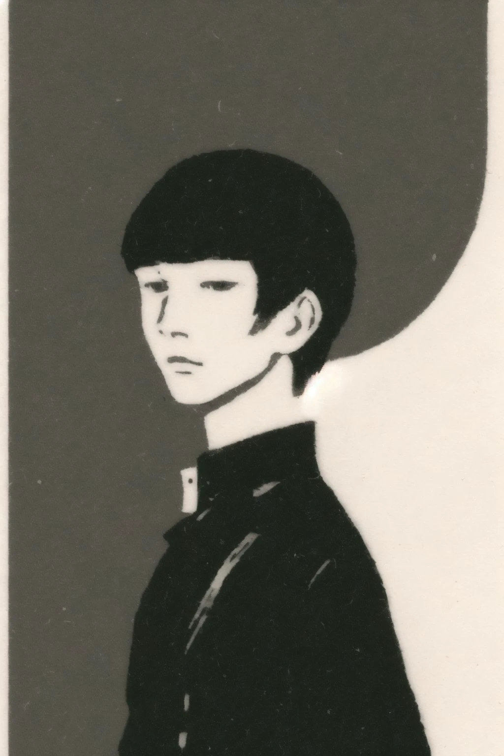 <lora:soviet_matchbox_art_text_free_v2:1.0> ,
soviet_matchbox_art, stamp, halftone, 1boy, ascot, asymmetrical bangs, bangs, black background, black hair, closed mouth, collar, collared shirt, dated, looking at viewer, male focus, shirt, short hair, simple background, solo, upper body, white shirt, yiqing \(yohare\)