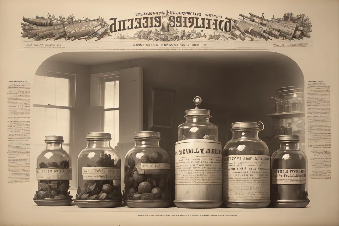 (masterpiece), (best quality), (detailed), (highres), <lyco:npzw-05:1.0>, npzw, (text:1.1), monochrome, sepia, multiple jars standing on table