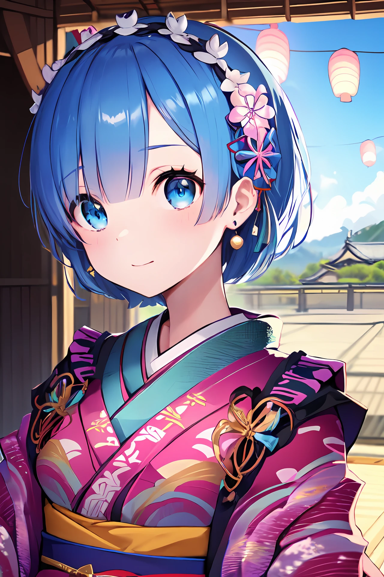 <lora:rem-t1-000006:0.8>, (masterpiece:1.6, best quality), (finely detailed beautiful eyes: 1.2), ph_rem, remhd, 1girl, blue hair, solo, blue eyes, (kimono:2.0),  japanese clothes, outdoors, jewelry, purple eyes, earrings, breasts, torii,  cherry blossoms, lantern light,  east asian architecture,