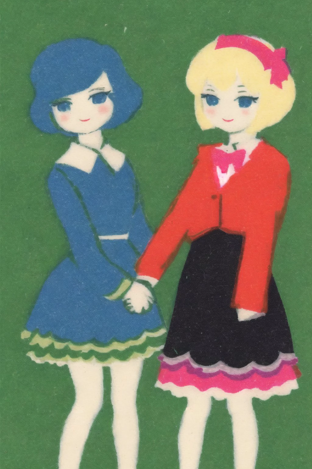 <lora:soviet_matchbox_art_text_free_v2:1.0> , 
 soviet_matchbox_art, stamp,   halftone, 2girls, bag, blazer, blue eyes, blue hair, green eyes, green hair, holding hands, long hair, multiple girls, ponytail, scarf, short hair, skirt, smile, wink
