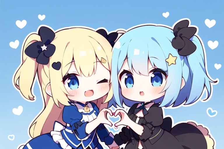 2girl,
( star hair ornament) girl,blue hair, short hair, blue eyes, chibi,
heart hands duo, wince, one eye closed,
prt,blonde hair, blue eyes, one side up,( long hair) girl, chibi,