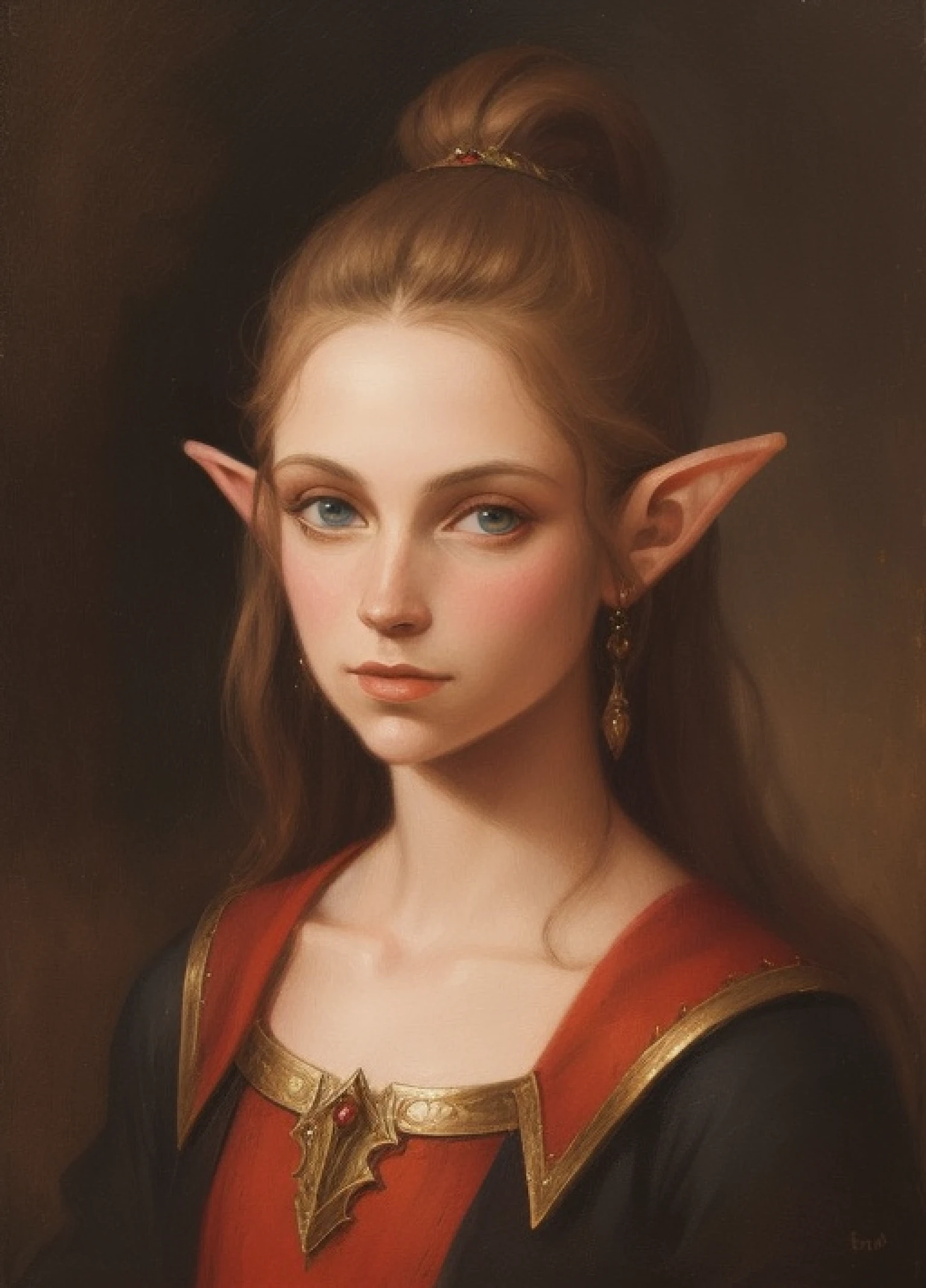 portrait, upper body, oil painting style, oil painting, elf, fantasy