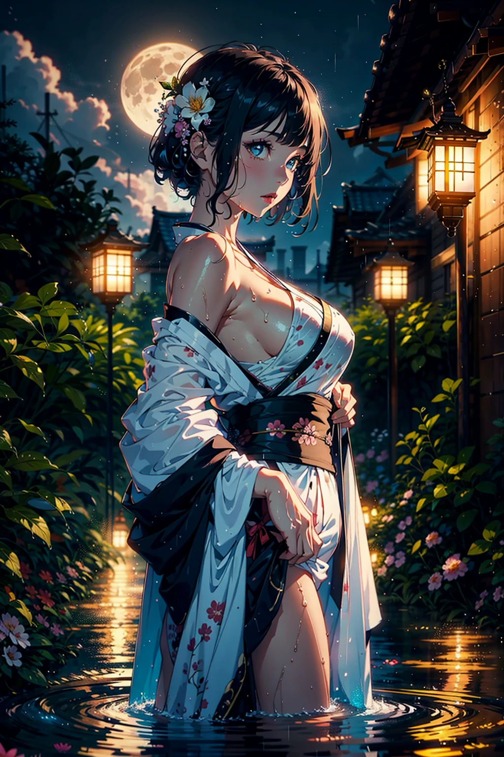 1girl, breasts, moon, lantern, night, solo, large breasts, hair ornament, wet, kimono, japanese clothes, wading, water, hair flower, flower, outdoors, sky, full moon, rain, black hair, off shoulder, mountain, cloud, holding, sash, bare shoulders, paper lantern, standing, white kimono, night sky, sideboob, obi, wet clothes, bangs, tree, from side, reflection, short hair, cloudy sky, wet hair {{(masterpiece),(extremely detailed CG unity 8k wallpaper),best quality,,solo,1girl,cinematic lighting,detailed background,beautiful detailed eyes,bright pupils, (an extremely delicate and beautiful),(Beautiful and detailed eye description), ultra-detailed,masterpiece,}},