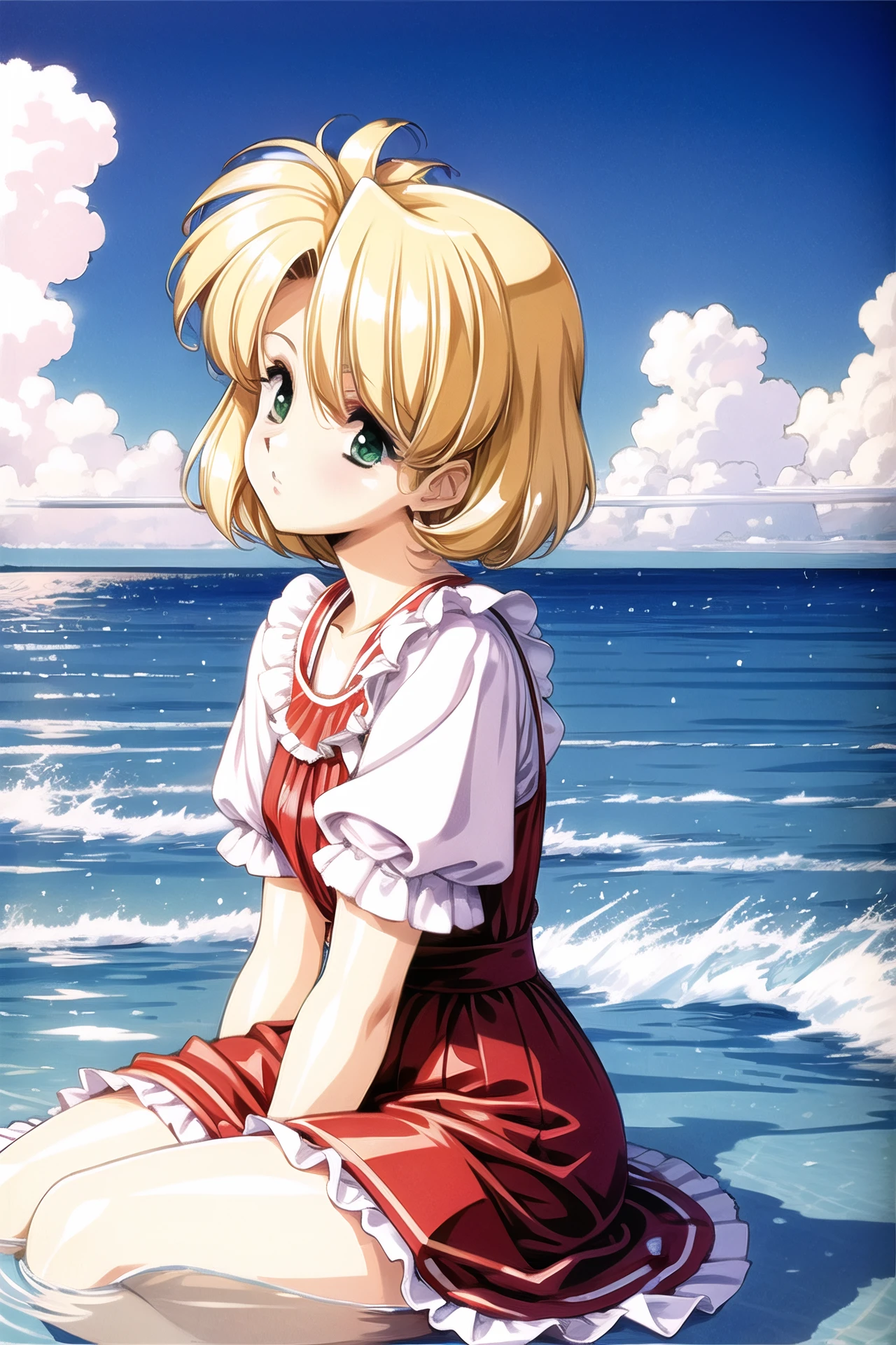 <lora:qiyuanzhizhi_fp32:0.8>,masterpiece, best quality, 1girl, portrait, sitting, blunt bangs, medium hair, , blonde hair, dress, frills, outdoors, horizon, sky, ocean, water, water world, waves, ripples, ,