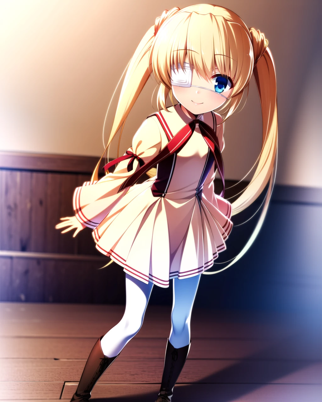 ((masterpiece)), ((best quality)), ((highres)), ((detailed background)), ((extremely detailed CG unity 8k wallpaper)), solo, full body, indoors, <lora:nakatsu shizuru:1>, nakatsu shizuru, odango twintails, medical eyepatch, (rewrite uniform), white stockings, brown boots, smile