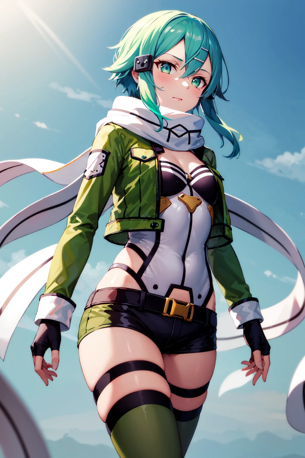 masterpiece, best quality, highres, 1girl, sinon1, scarf, fingerless gloves, long sleeves, short shorts, hair ornament, hairclip, green thighhighs, green jacket, thigh strap, <lora:sinon:0.7>, cowboy shot, standing,