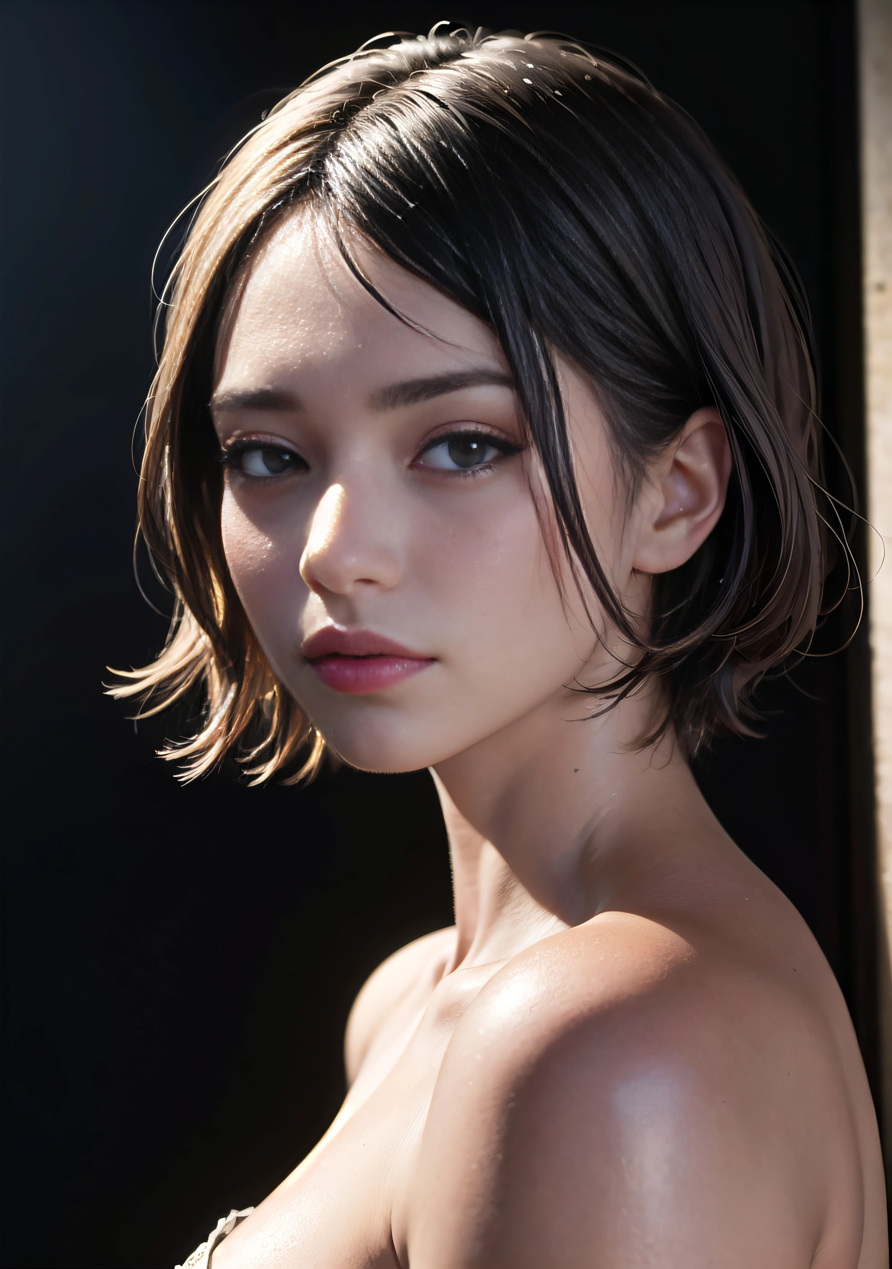 masterpiece, best quality, (realistic photo:1.5), ((high resolution illustration)), ((extremely detailed)), ((masterpiece)), 1girl, high quality, (high detailed skin:1.4), puffy eyes, gorgeous hair, (dark room:1.3), (rim lighting:1.3), (dimly lit:1.3), (dark night:1.3), indoors, ((close-up to face)), portrait, black hair, straight hair, dark background, short hair, looking at viewer, deep red lips, medium breast, facing at viewer, straight face <lora:epiNoiseoffset_v2:0.8>