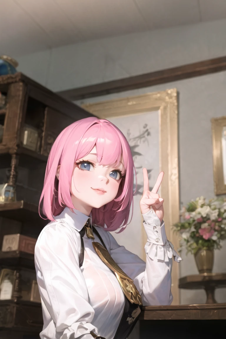 peace, sign, smile, upper body, portrait, masterpiece, best quality, CG, wallpaper, HDR, high quality, 3d, blender, intricate details, pastel, cold lighting, cinematic, 1girl, beautiful room background
