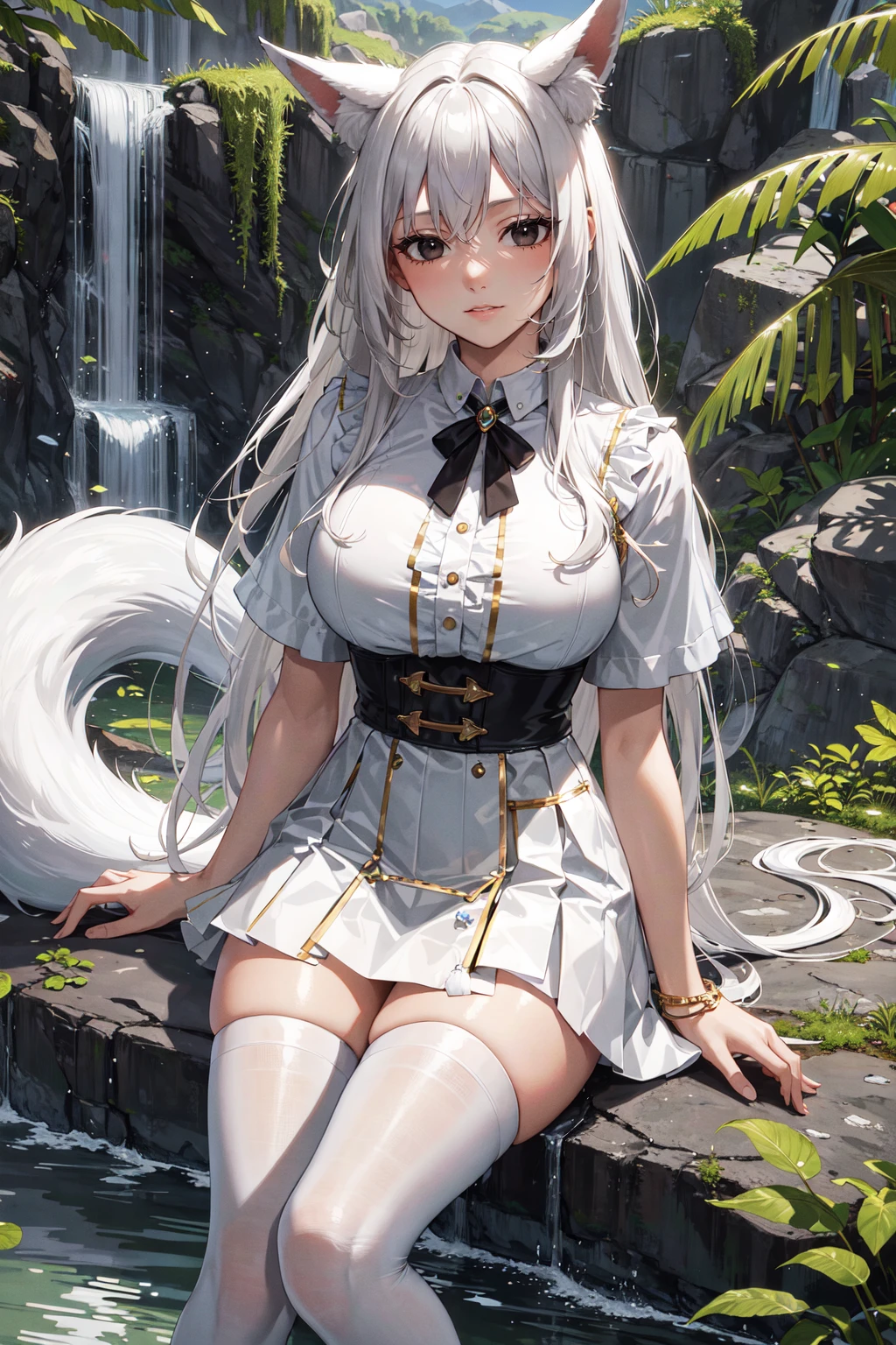 (Masterpiece, Best Quality, Highres:1.4), Detailed, Intricate Details, 4K,
1Girl, Face Focus, Solo, (Black Eyes, Black Irises:1.2),
White Hair, Long Hair, Floating Hair, Curled Hair, White Fox Ears, (Fox Tail:1.2),
White Clothes, White Shirt, (White Skirt:1.2), White Thighhighs, White Capelet, Gold Trim, Jewelry,
Large Breasts, (Skindentation:1.2),
Nature, Jungle, Plants, Rocks, Waterfall,
<lora:NoiseOffset:1>