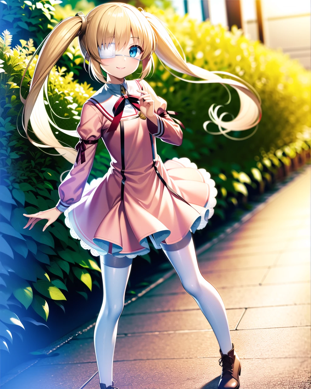 ((masterpiece)), ((best quality)), ((highres)), ((detailed background)), ((extremely detailed CG unity 8k wallpaper)), solo, full body, outdoors, sunny, <lora:nakatsu shizuru:0.7>, nakatsu shizuru, medical eyepatch, odango twintails, blonde hair, (rewrite uniform), pink uniform, white stockings, brown boots, smile