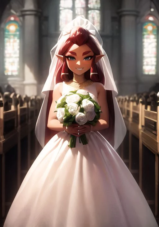 masterpiece,1girl, <lora:riju_zelda-10:0.8> riju_zelda, dark skin,red hair,standing, wedding dress, jewelry, (white dress),smiling, looking at viewer, bridal veil, bridal flowers, church windows