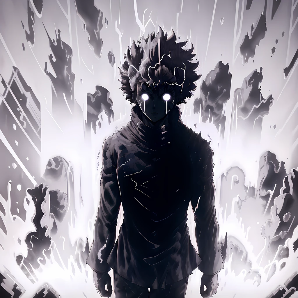 ragemode, man, school uniform, wild hair, lightning, white, <lora:rageMode_v1:1>