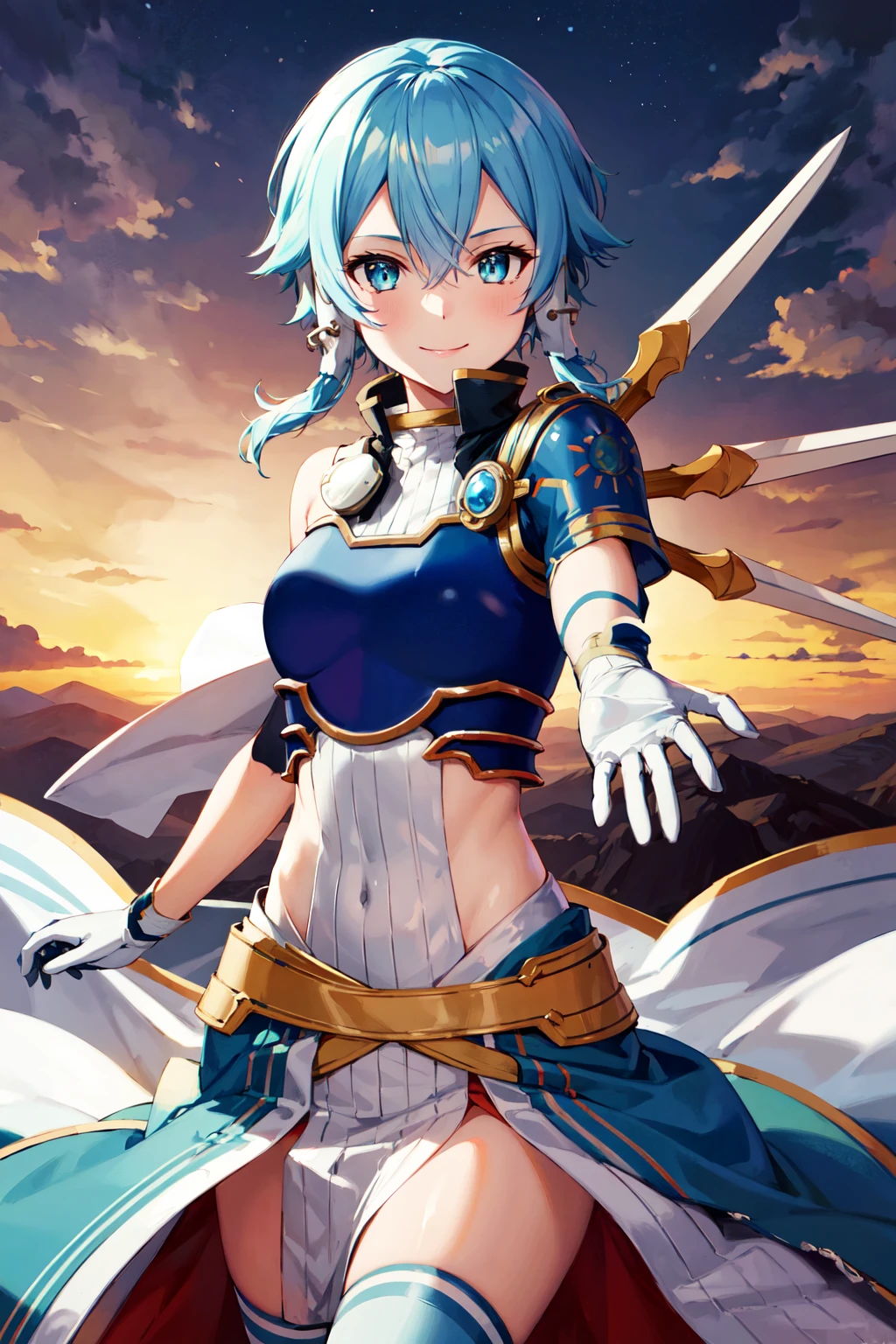 masterpiece, best quality, highres, 1girl,sinon1, white gloves, thighhighs, pelvic curtain, short hair with long locks, hair between eyes, sidelocks, breastplate, shoulder armor, blue armor, <lora:sinon:0.8>, cowboy shot, reaching out, smile, outdoors,