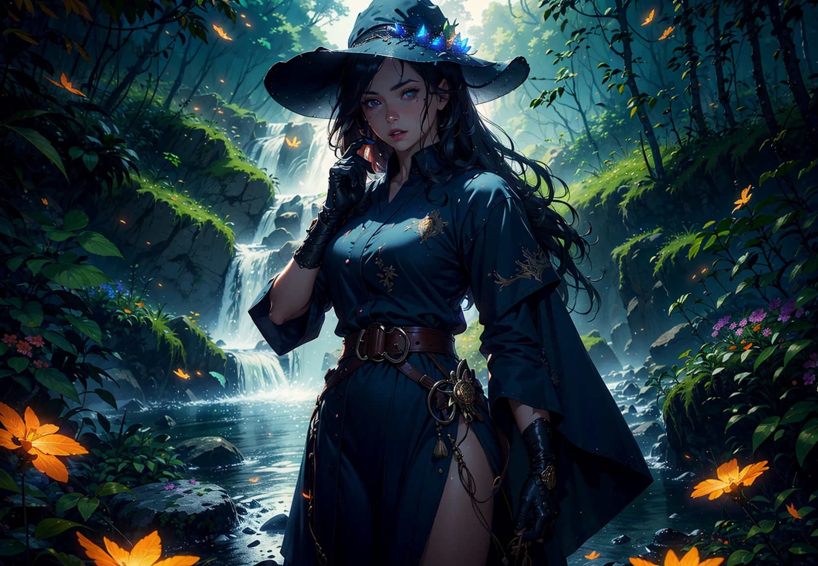 Masterpiece, incredible details, epic realistic, ultra clarity , (intricate details:1.12), (HDR:1.4), octane render, 3d render, cgi,dramatic,  bokeh,
(dark shot:1.22), soft cinematic light,
Fast-flowing waterfalls, mountains, rivers, fireflies, flowers, glowing butterflies, crystals,
1girl, long hair, floating hair, belt, glove, hand guard, wizard hat, intricate wizard robe,(natural skin texture, hyperrealism, soft light, sharp:1.2)
<lora:epiNoiseoffset_v2:0.3> ,