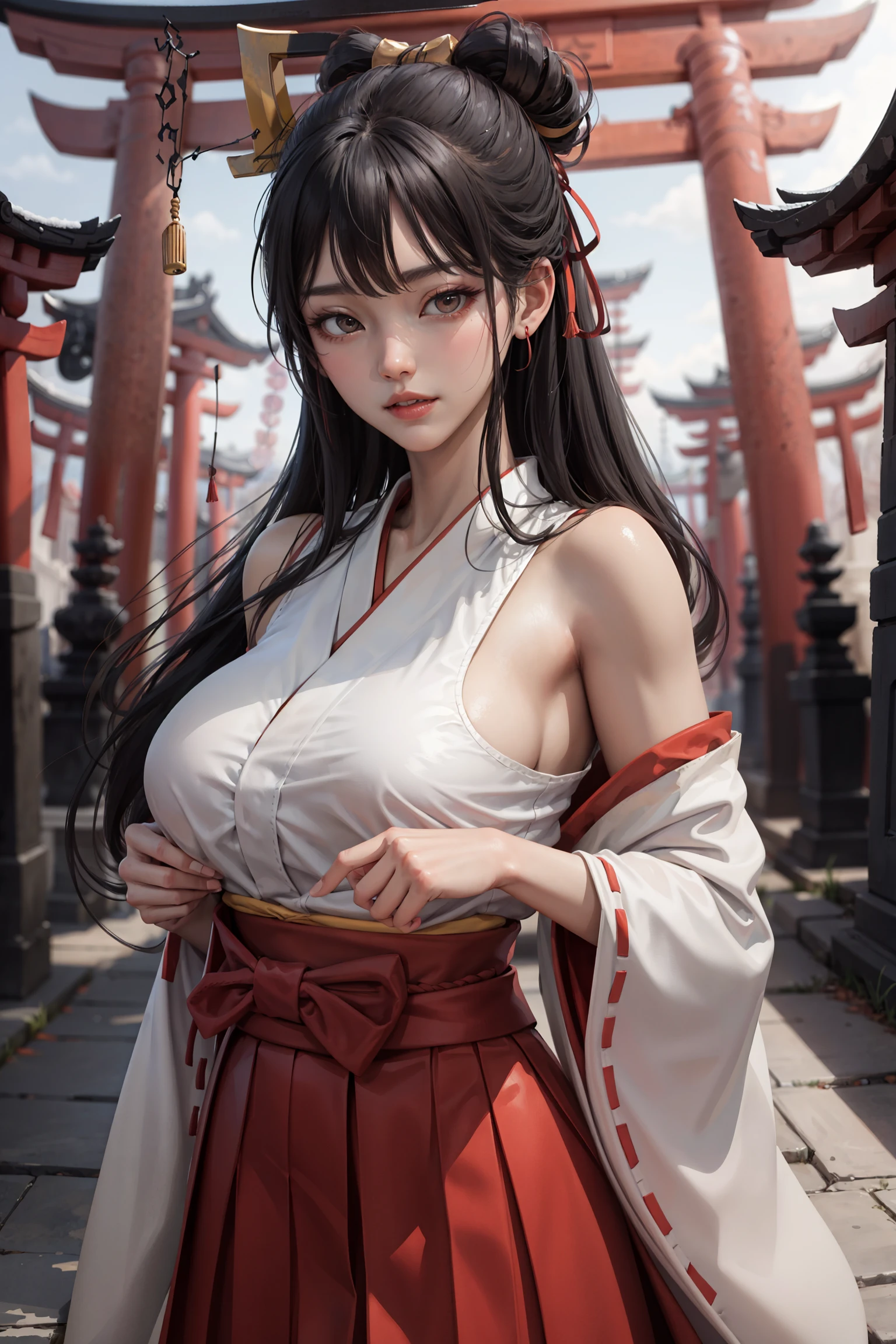 (masterpiece:1.2, best quality), (dinamic lighting) 1lady, solo, long hair, big breasts, hakama, red skirt, (shiny skin:1.2), upper body, torii, temple