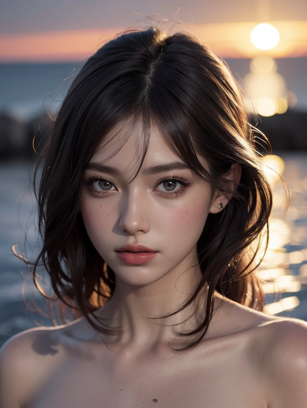 Best quality, masterpiece, ultra high res, (photorealistic:1.4), 1girl, offshoulder, deep shadow, detailed face, detailed eyes, shiny skin, sunset