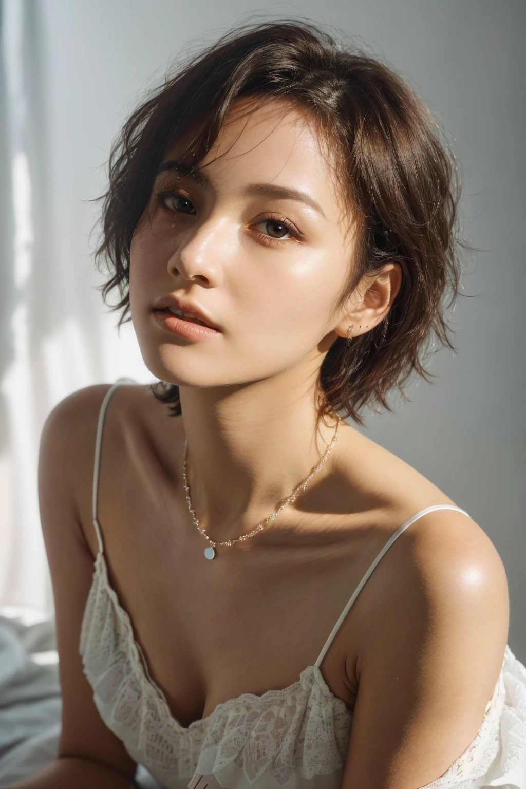 ((top-quality、8K、masterpiece: 1.erfect Body Beauty: 1.4、Slender Abs: 1.2、Beautiful woman with slender abs:1.3、(Highlight Haircutreast B Cup:1.2), medium breast, round shape breast, perfect shape breast, ((( wear black bralette))), pubic hair,hight pubic bone, necklace, hyperdetailed face、18year old、 Pretty women、(Dark brown short-cut hair), Slim Face、Highly detailed facial and skin texture、very detailed lips、opens legs、top-quality、masterpiece、超A high resolution、(Photorealsitic:1.4), walked forward confidently, long shot , (outdoor), bright background, sunset light,