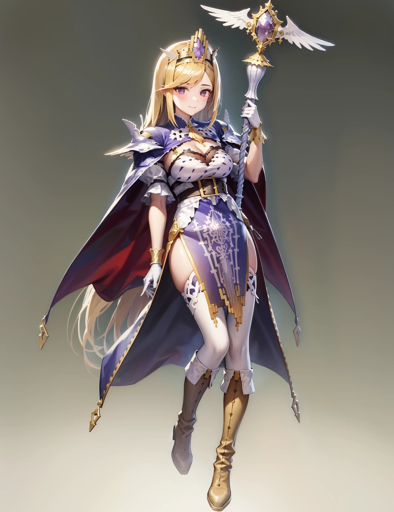 ErisCostume2, (best quality, masterpiece, highres, absurdres, detailed:1.4), 1girl, solo, blonde_hair, long_hair, staff, holding_staff, white_background, gloves, full_body, boots, holding, dress, simple_background, white_gloves, standing, cape, looking_at_viewer, very_long_hair, tiara, breasts, brown_footwear, hand_on_own_chest, jewelry, bracelet, purple_dress, red_eyes, bangs, closed_mouth, brown_eyes, purple_eyes, purple_cape, pelvic_curtain, medium_breasts, thighhighs, armor, capelet, crown, hand_up, gem, large_breasts, cleavage, hairband, white_thighhighs, smile, shoulder_armor, hair_ornament, ascot, gold_trim <lora:MyEris:1>