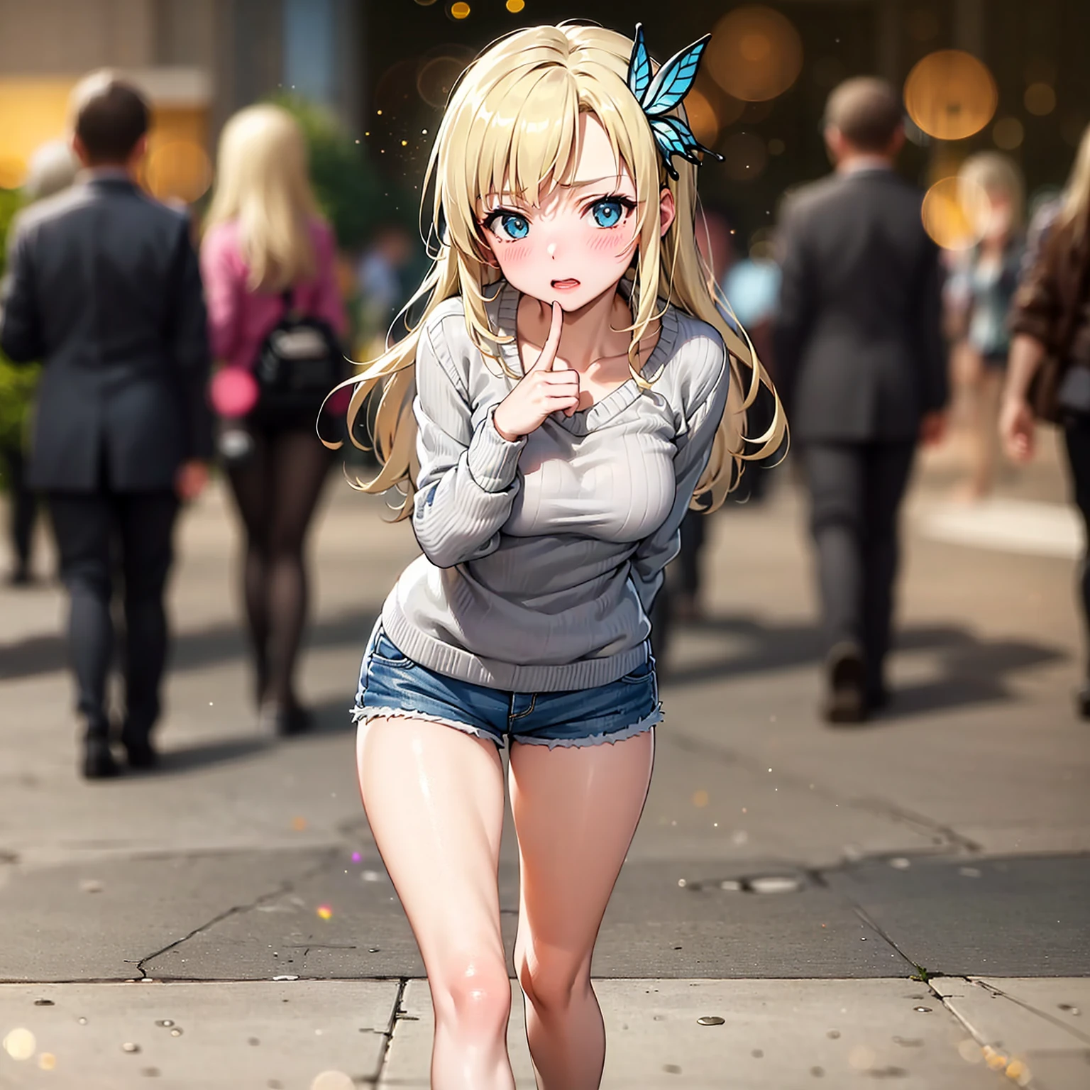 (best quality:1.1), (masterpiece:1.4), (absurdres:1.0), full body,  walking,
1girl, kashiwazaki sena, butterfly_hair_ornament, blond hair, shorts, sweater, oudoors, city, crowd, solo focus, (bokeh:1.4), (depth of field:1.4), looking at viewer, (blush:1.1),
<lora:Kizuki - Haganai Kashiwazaki Sena:0.80>