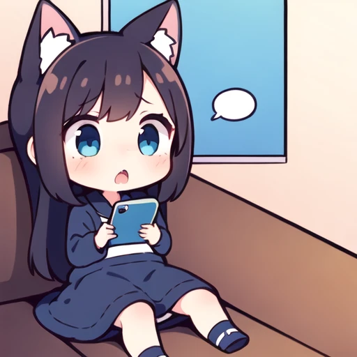1girl, chibi,iphone,phone,looking at phone,spit take,cat ears, head down,confused,???,surprised,sitting,