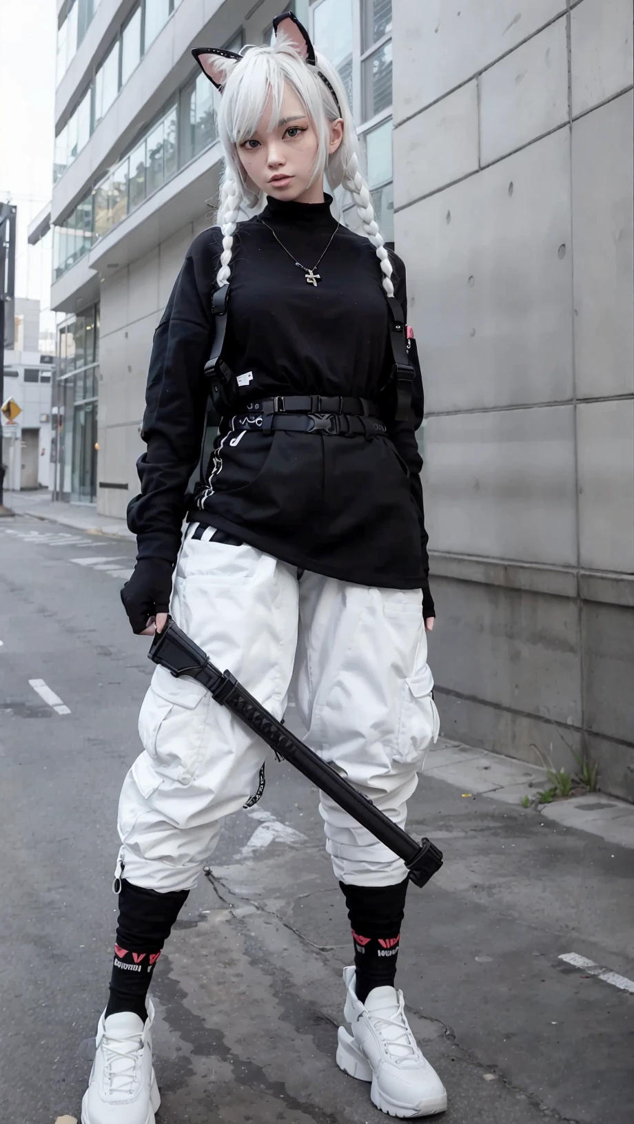 (original: 1.2), (far shot), (realistic: 1.3) (mixed Korean), masterpiece, best quality, beautiful clean face, fullbody, 1girl, (with cat-ears on head), mask, fur, wearing black techwear jacket and bodysuit and trousers with buckle and tape, ((a crystal necklace)), posing for a picture, (white beehive hairdo with cobalt highlights), long legs, holding one katana, big happy warm smile, huge breast, a huge cross sculpture behind <lora:urbansamuraiv3testing:0.9> <lora:Chilloutmixni_LoraKoreandolllikeness:0.2> pureerosface_v1