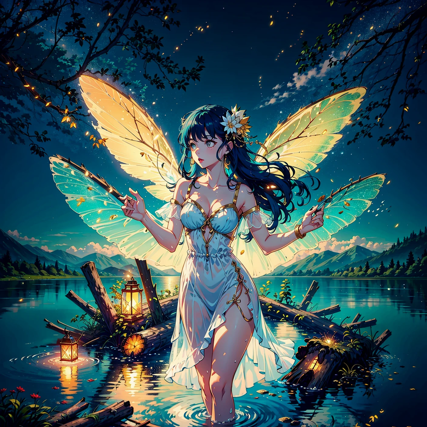 masterpiece, best quality, 1girl, fairy wings, medium breasts, dancing on the lake, blue hair, long hair, hair ornament, translucent, white dress, gold eyes, splash water, water reflections, fireflies, wood pile, solo, tree, night, night sky, illumination, low-key lighting, dimly lit, cloud, mountain, forest, lake