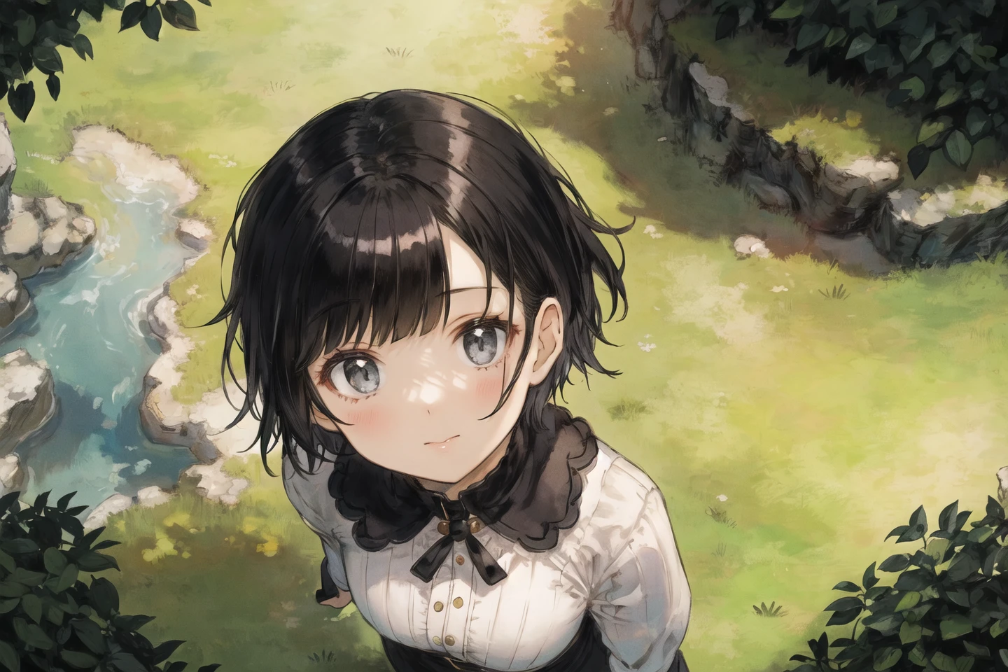 masterpiece,best quality,detailed background,1girl,beautiful face,close up,black short hair,out door,looking at viewer,(from above:1.2),
