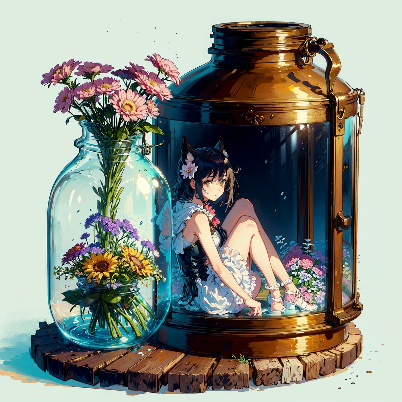 masterpiece, best quality, 1girl, in a jar, jar, simple background, full body, flower, sitting,erune,