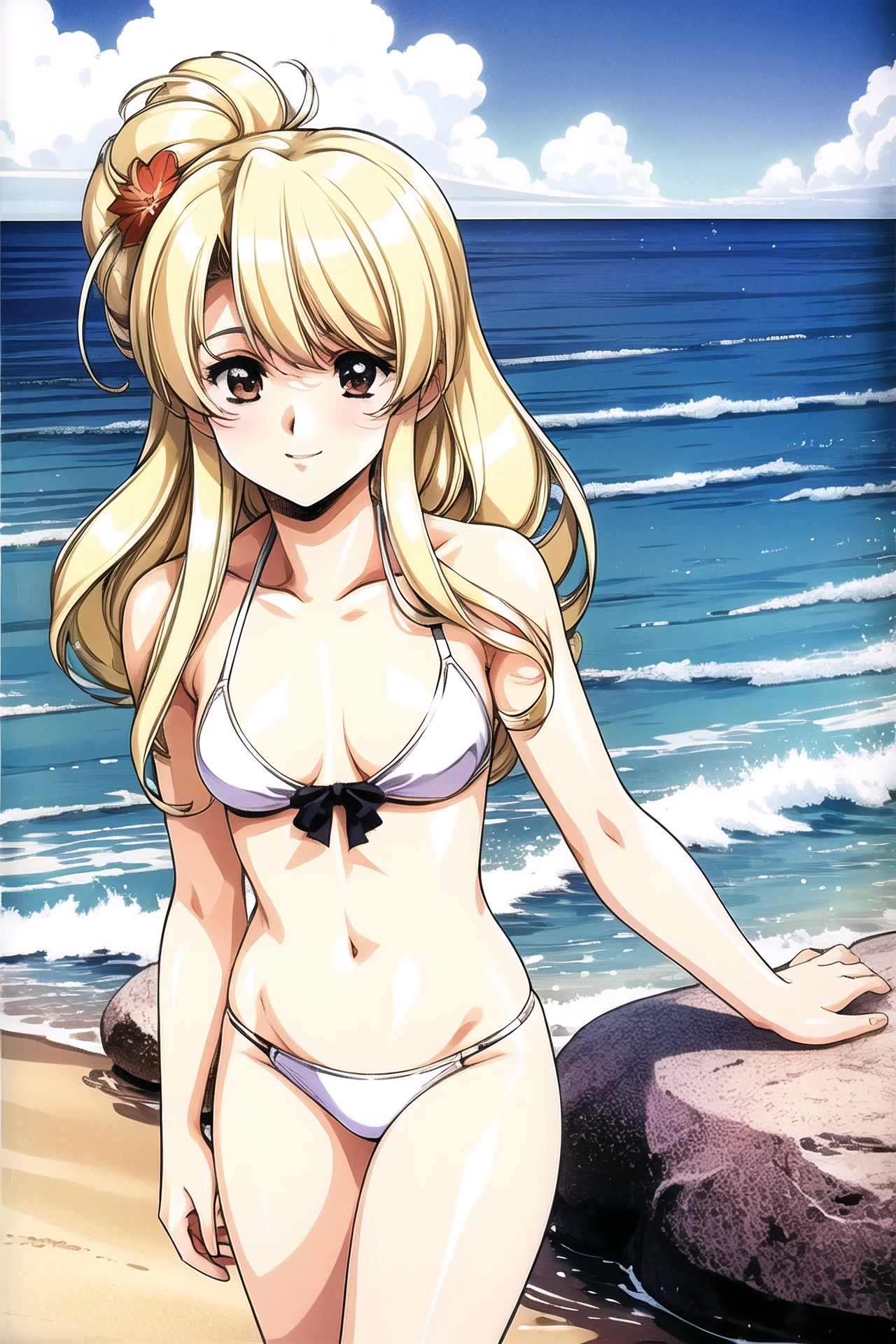 <lora:qiyuanzhizhi_fp32:0.8>,lumine \(genshin impact\), flower, blonde hair, smile, beach, standing, (bikini:1.5), white bikini, 1girl, solo, masterpiece, highres, best quality, small breasts,