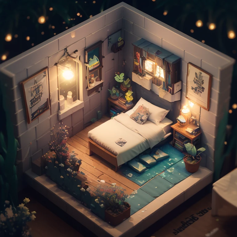 a room with a bed and a desk in it, a low poly render, inspired by Cyril Rolando, pixel art, beautiful isometric garden, underwater in the ocean at night, small and cosy student bedroom, inside a child's bedroom, organic isometric design, portfolio illustration, cute detailed artwork, beeple rendering, blurred and dreamy illustration