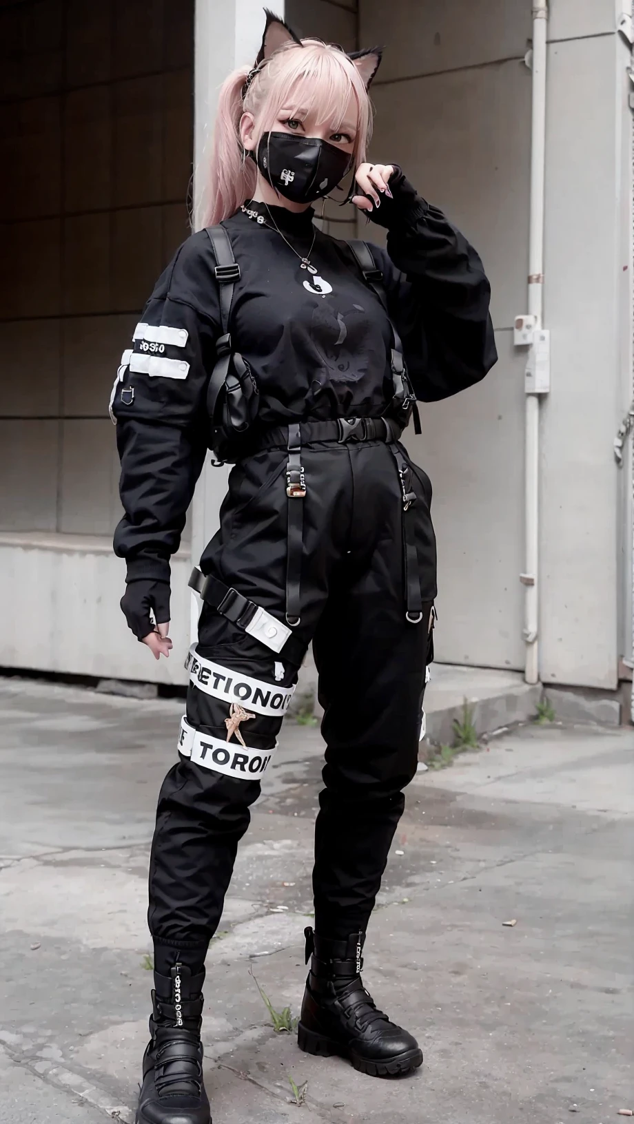 urbansamurai, masterpiece, best quality, beautiful face, fullbody, a woman with cat-ears, wearing techwear jacket and trousers with buckle and tape, (holding an automatic rifle), crystal necklace, posing for a picture, braid, long legs, on the street  <lora:urbansamuraiv0.14-000002:0.8>