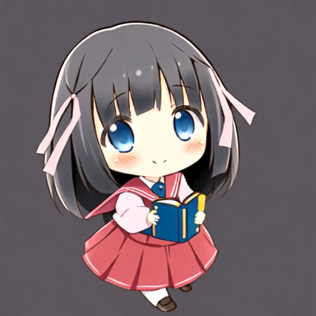1girl,black hair, hair ribbon,red school uniform, palm,light smile,blush,shiori,full body,chibi,book,simple background, white background, <lora:Shiori-1:1>