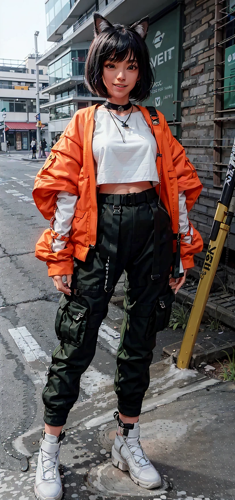urbansamurai, far shot, best quality, fullbody, a woman with fur cat - ears, wearing a green techwear jacket and orange cut top and black pants, a crystal necklace, big warm grin, bob cut, long legs, on the street, sunny <lora:urbansamuraiv0.14-000002:0.72>
