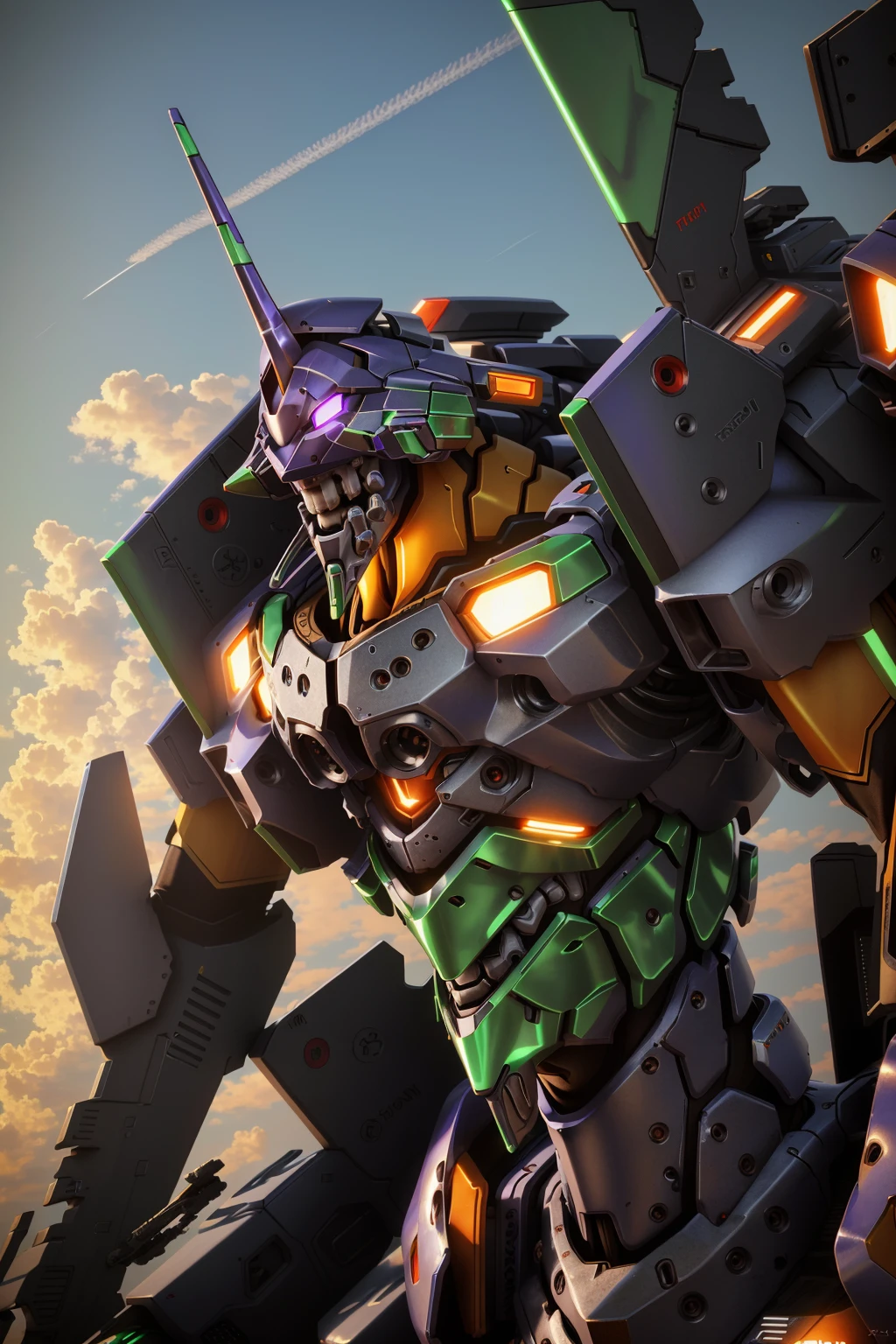 ((EVA 01:1.2), evagod:1.1), evagenlion, Concept Design, sci-fic character design, SCIENCE FICTION, advanced giant robot, metal and Ceramic Mecha, Mechanical joints and exoskeletons, Bionic robotic Parts, Accurate facial details, high-tech, huge android, (outdoors, red sky, orange clouds, Sunlight), global illumination, rim light, octane rendering, ray tracing, 4k, Best quality, masterpiece, high res, highly detailed, scientific anatomy, carbon fiber, titanium alloy, hyperrealistic, anatomical, beautiful Tokyo-3 background, CG, unity, wallpaper, Futurism, epic sense, doomsday, sci-fi fighter, giant machinery, correct perspective, <lora:EVA:0.65>