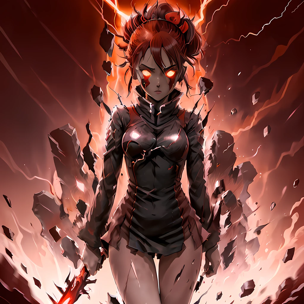ragemode, 1girl, solo, ponytail, full body shot, distruction, lightning, red, <lora:rageMode_v1:.85>