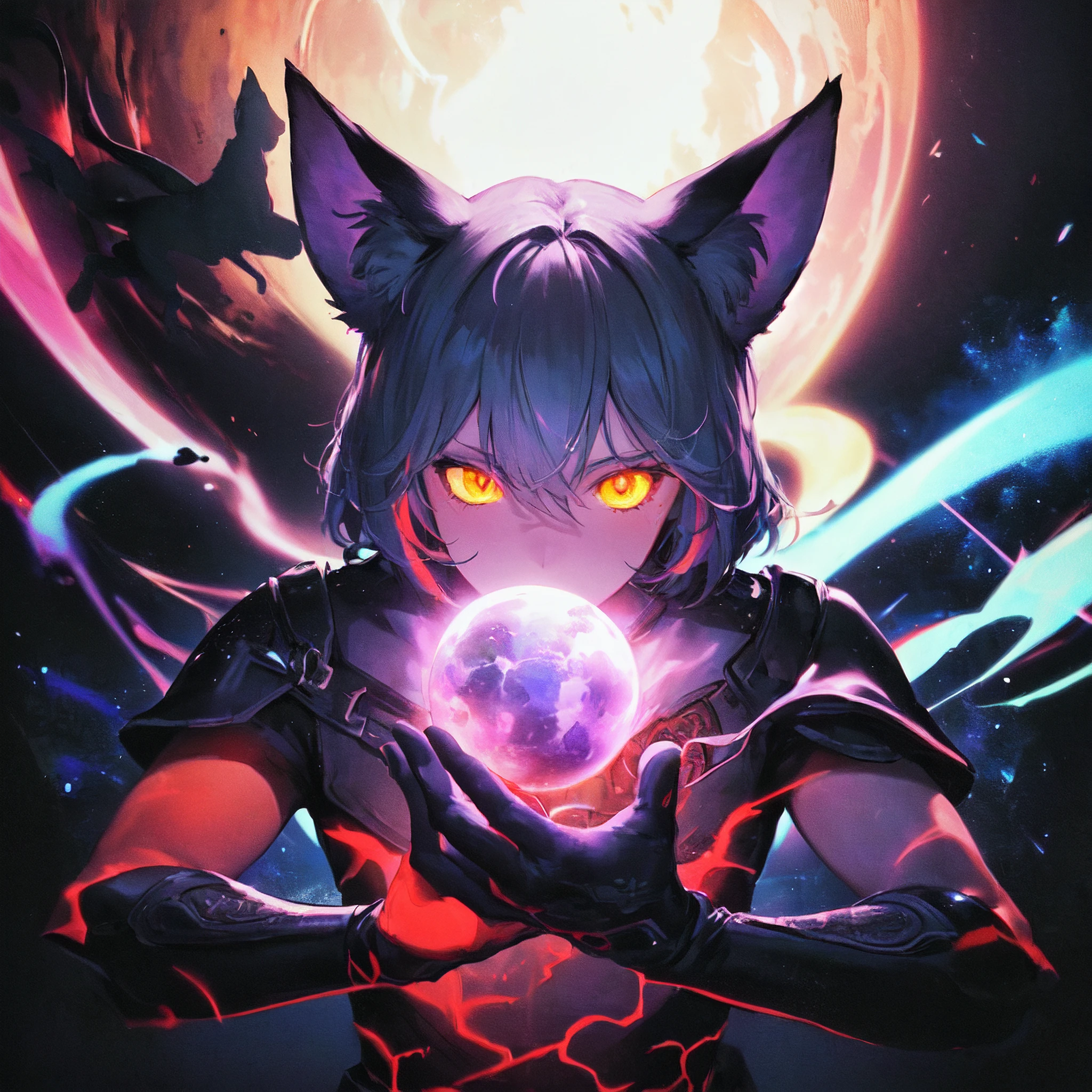 (masterpiece, best quality, ultra-detailed, best shadow), (simple background, 1boy, entity, shapeless, faceless, black, void, (quantum), golem, faceless male, cute, cat boy, cat ears, pink bow, body, arms, spirit, end of universe, glowing eyes, singularity, black hole, celestial, blue, purple) (best illumination), ((cinematic light)), high contrast, colorful, hyper detail, dramatic light, intricate details,