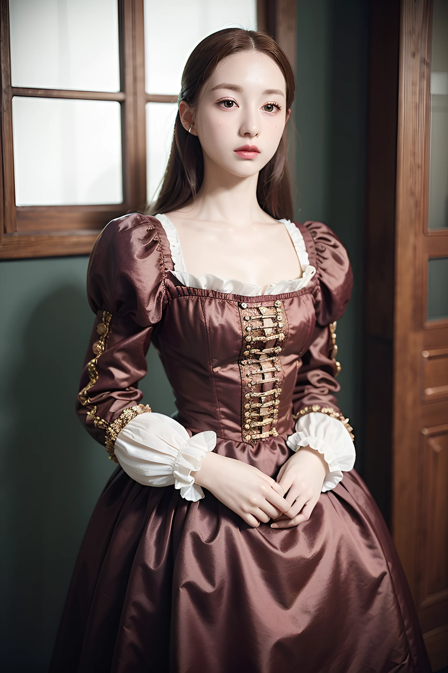 (Renaissance, Vintage:1.4), 18yo Girl, Frilled Dress, Long Sleeves, Jewelry, window, indoor