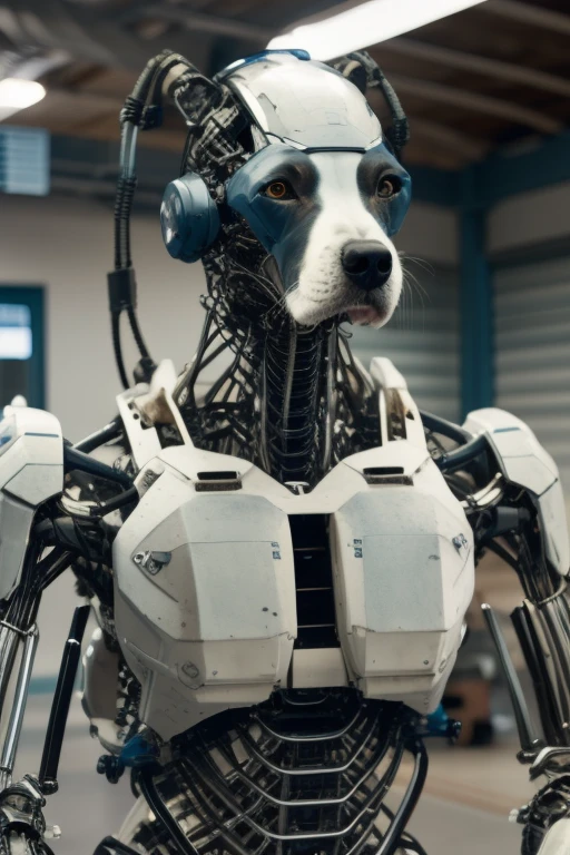 a close up of a (cyborg ), biomechanical model, norman rockwell ross rob reu, beeple and john uhlig, large human with helmet only, wearing cybernetic shoulder pads, anthropomorphic dog, mimic
