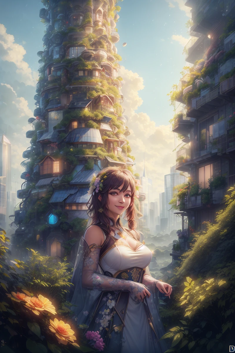 <lora:solarpunkai_v20:0.91> Solarpunkai,  dappled_sunlight, skyscraper,  yellow_theme, tornado, rain, rainbow, night_sky, flower, petals,, (masterpiece:1.3), (best_quality:1.3), (ultra_detailed:1.3), 8k, extremely_clear, realism, (ultrarealistic:1.3),, 1girl, solo, wide_shot,, seductive_smile,, outdoors,
