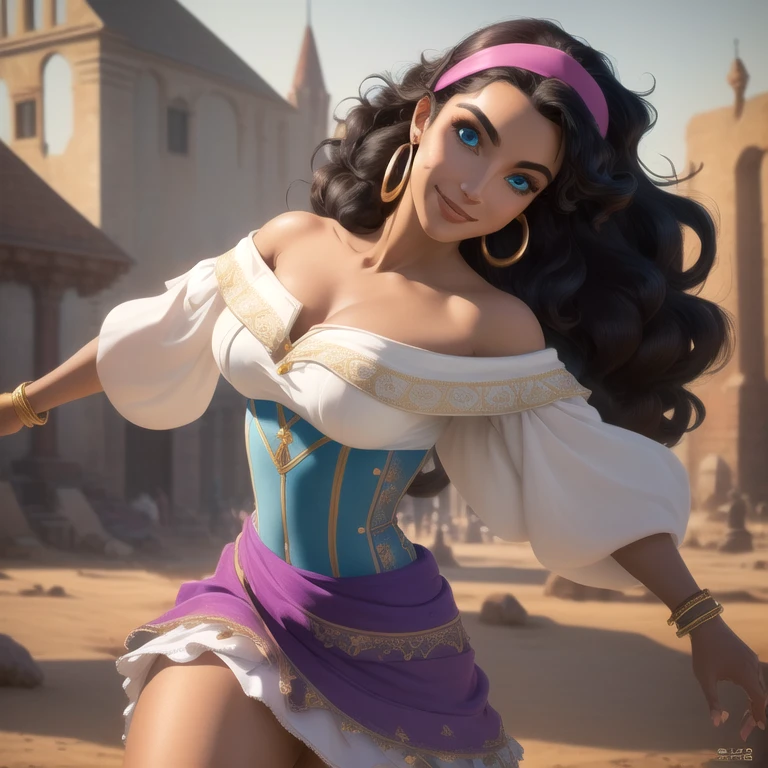 <lora:necro-19:0.6>esmeralda,  1girl, solo, smile, dress, bare shoulders, jewelry, hairband, earrings, off shoulder, bracelet, coin (realistic:1.2), (realism), (masterpiece:1.2), (best quality), (ultra detailed), (8k, 4k, intricate),(full-body-shot:1),(Cowboy-shot:1.2), (85mm),light particles, lighting, (highly detailed:1.2),(detailed face:1.2), (gradients), colorful,(detailed eyes:1.2),(detailed background),detailed landscape, (dynamic angle:1.2), (dynamic pose:1.2), (rule of third_composition:1.3), (Line of action:1.2), wide shot, daylight, solo,