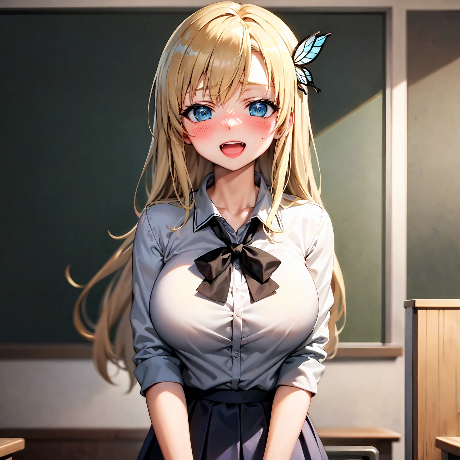 (best quality:1.1), (masterpiece:1.4), (absurdres:1.0), portrait,
1girl, kashiwazaki sena, butterfly_hair_ornament, blonde_hair, long hair, school uniform, large breasts, looking at viewer, classroom, open_mouth, (blush:1.2), happy,
<lora:Kizuki - Haganai Kashiwazaki Sena:0.90>