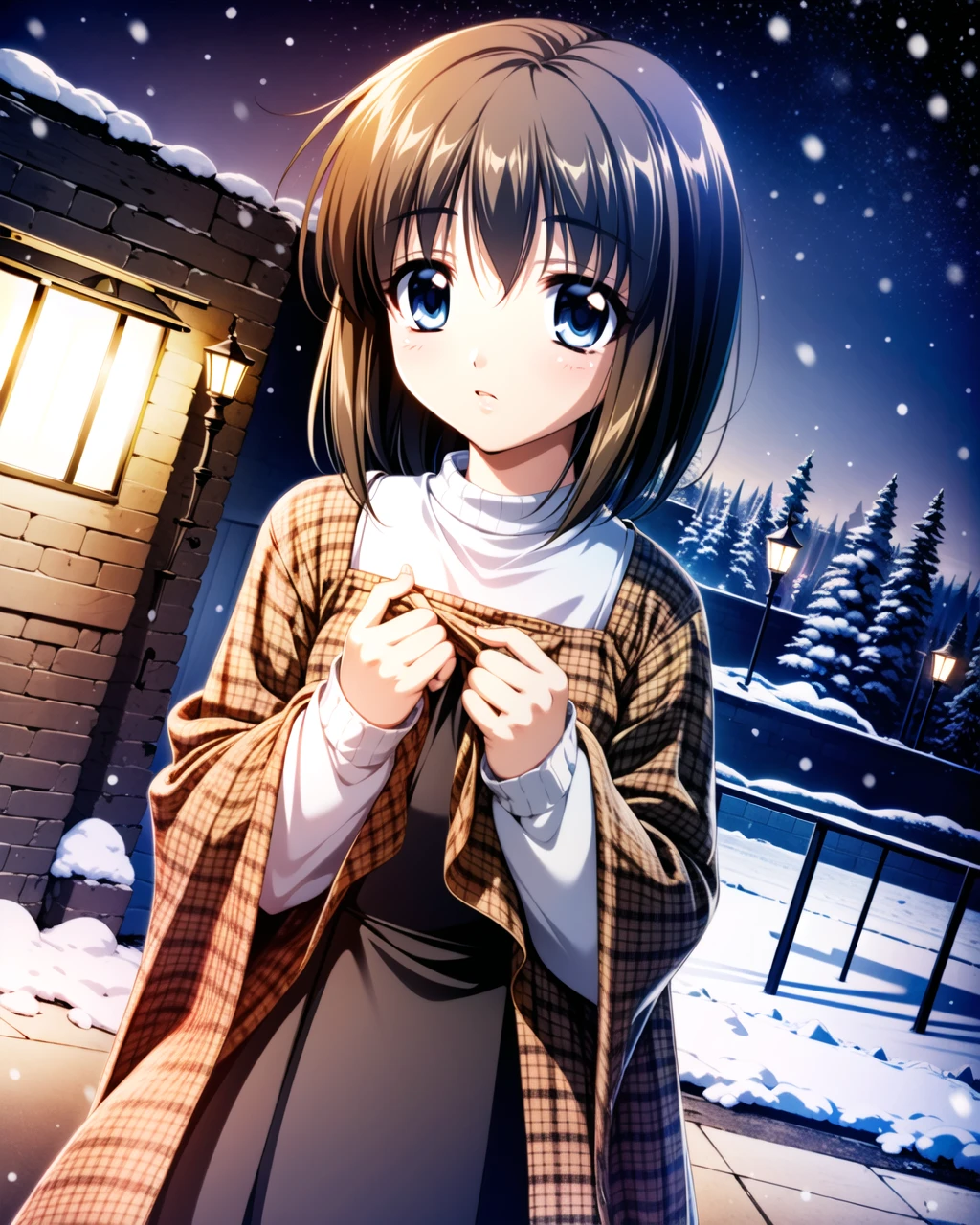 ((masterpiece)), ((best quality)), ((highres)), ((detailed background)), ((extremely detailed CG unity 8k wallpaper)), solo, outdoors, snowing, <lora:misaka shiori:0.8>, misaka shiori, black dress over white turtleneck, brown plaid shawl, black stockings, brown hair, blue eyes,