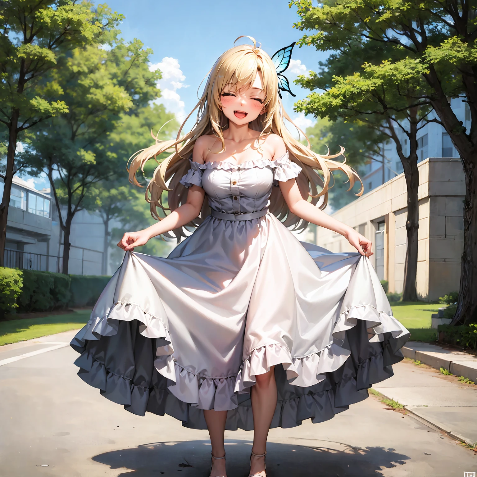 (best quality:1.1), (masterpiece:1.4), (absurdres:1.0), full body, standing, solo focus,
1girl, kashiwazaki sena, butterfly_hair_ornament, blond hair, pink frilled dress, oudoors, park, laughing, open eyes,
<lora:Kizuki - Haganai Kashiwazaki Sena:0.80>