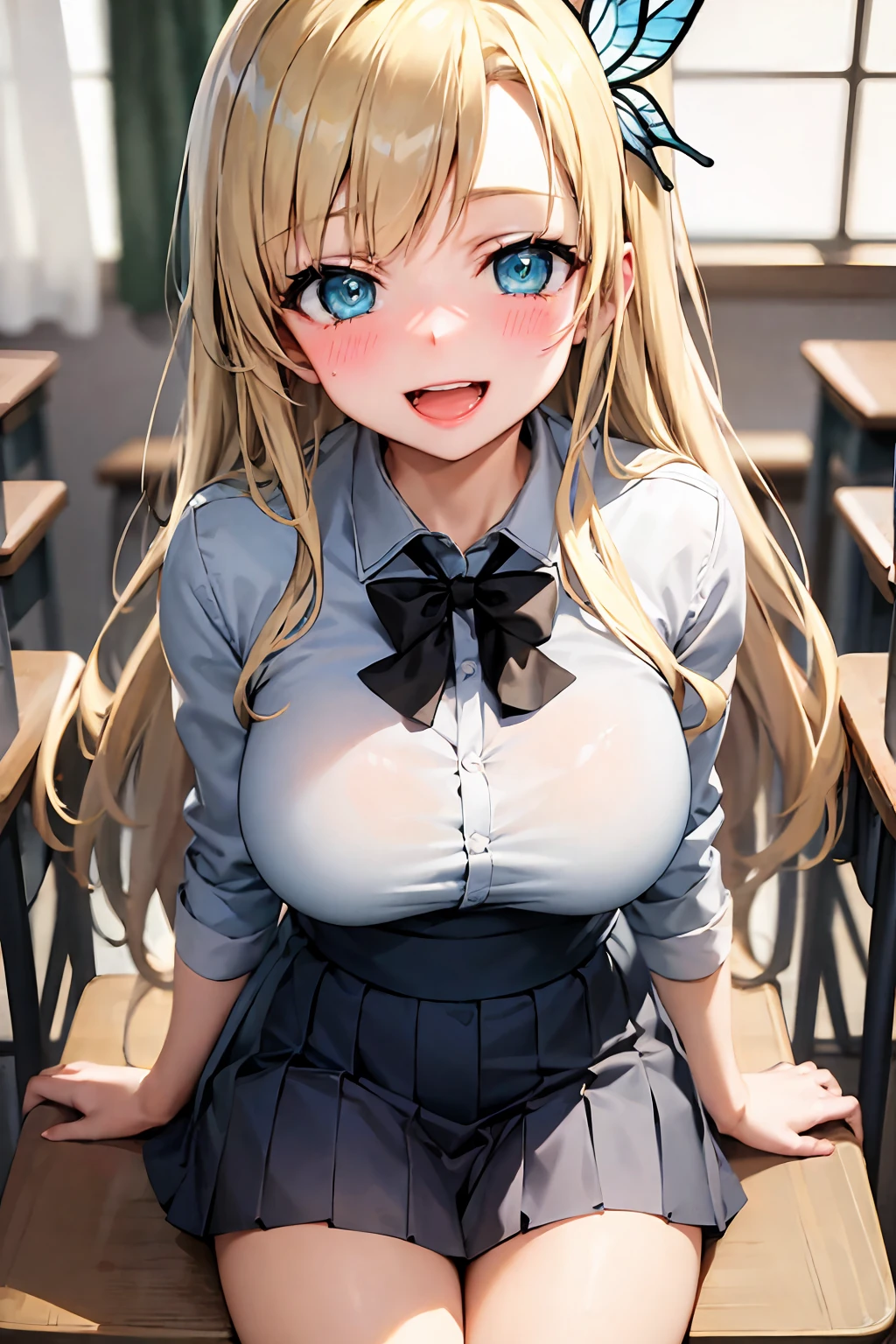 (best quality:1.1), (masterpiece:1.4), (absurdres:1.0), portrait, close-up,
1girl, kashiwazaki sena, butterfly_hair_ornament, blonde_hair, long hair, school uniform, large breasts, looking at viewer, classroom, open_mouth, (blush:1.2), smile, aqua eyes, 
<lora:Kizuki - Haganai Kashiwazaki Sena:1>