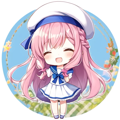1girl, (pink hair),long hair, blue ribbon,(french braid),bangs,closed eyes,serafuku, white beret,(chibi:1.4), open mouth, <|> <|>,