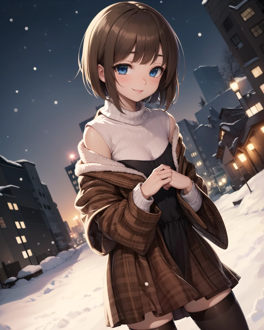 ((masterpiece)), ((best quality)), ((highres)), ((detailed background)), ((extremely detailed CG unity 8k wallpaper)), solo, city, snow, <lora:misaka shiori:0.5>, misaka shiori, brown hair, short hair, bob cut, blue eyes, smile, black dress over white turtleneck, brown plaid shawl, black stockings,