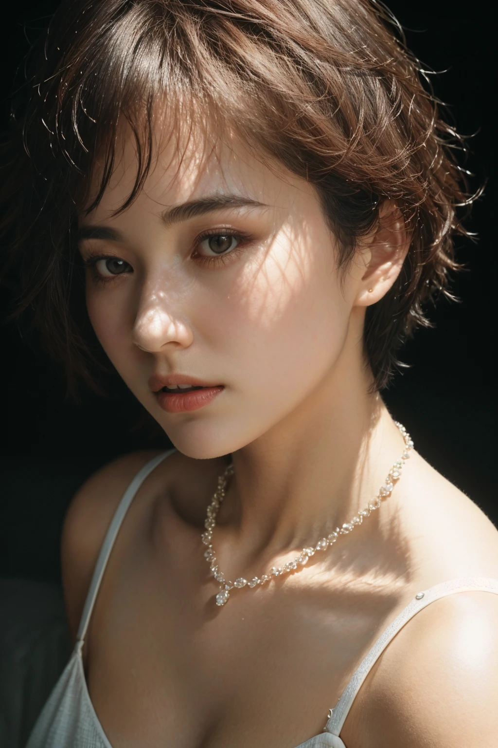((top-quality、8K、masterpiece: 1.erfect Body Beauty: 1.4、Slender Abs: 1.2、Beautiful woman with slender abs:1.3、(Highlight Haircutreast B Cup:1.2), medium breast, round shape breast, perfect shape breast, (( sexy , sheer )), necklace, hyperdetailed face、18year old、 Pretty women、(Dark brown short-cut hair), Slim Face、Highly detailed facial and skin texture、very detailed lips、opens legs、top-quality、masterpiece、超A high resolution、(Photorealsitic:1.4), walked forward confidently, long shot , studio setup, photography steup, light from both side, background,